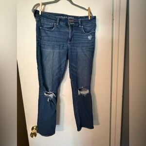 American Eagle Outfitters Women's Dark Blue Artist Crop Jeans with Knee Rips